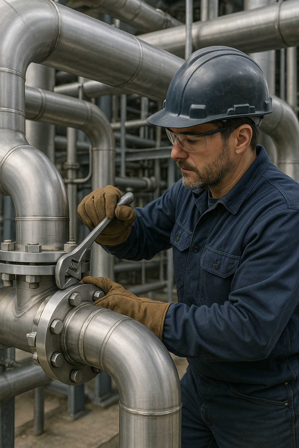 Pijpfitter aan het werk aan industriële leidingen